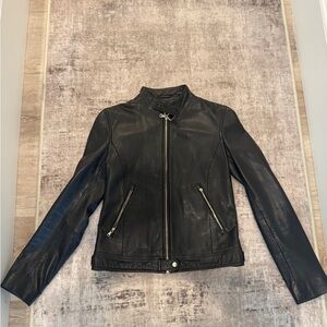 Massimo Dutti Black Biker Leather Jacket with Zipper Details XS